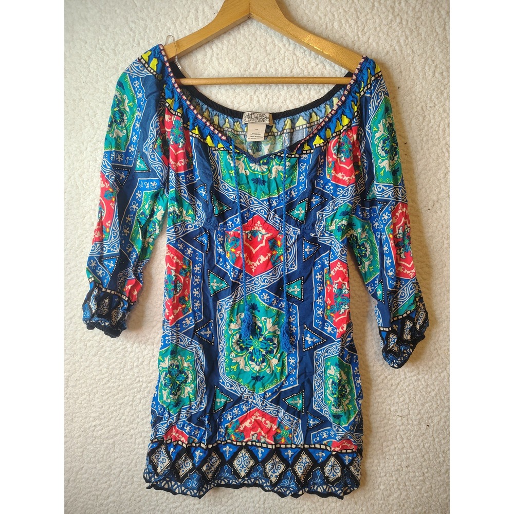 Flying Tomato Boho Tunic Top Blue Geometric Floral Tassel Tie Medium ID12863